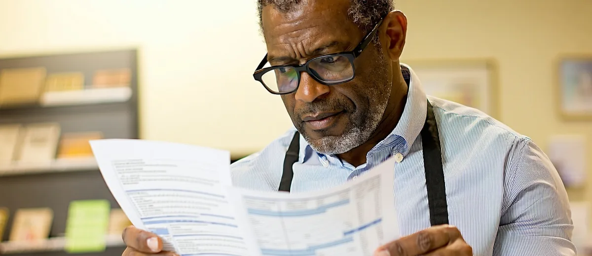 Small business owner reviewing documents at a modest storefront office, representing CDFI lending target