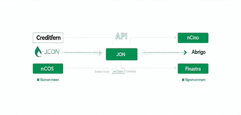 Diagram showing Creditfern API connecting to loan origination systems including nCino, Abrigo, and Finastra