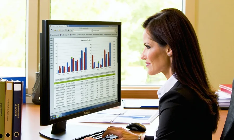 Commercial loan officer reviewing bank statement analysis at a community bank desk